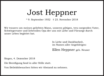 Traueranzeige von Jost Heppner von Siegener Zeitung