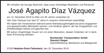 Traueranzeige von José Agapito Díaz Vázquez von Siegener Zeitung
