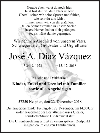 Traueranzeige von José Agapito Díaz Vázquez von Siegener Zeitung