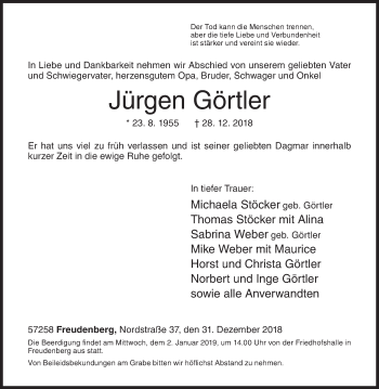 Traueranzeige von Jürgen Görtler von Siegener Zeitung