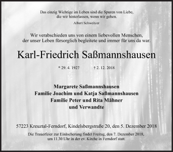 Traueranzeige von Karl-Friedrich Saßmannshausen von Siegener Zeitung