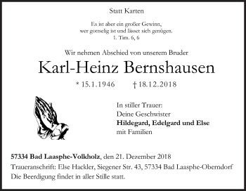 Traueranzeige von Karl-Heinz Bernshausen von Siegener Zeitung