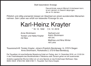Traueranzeige von Karl-Heinz Krayter von Siegener Zeitung