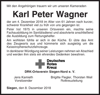 Traueranzeige von Karl Peter Wagner von Siegener Zeitung
