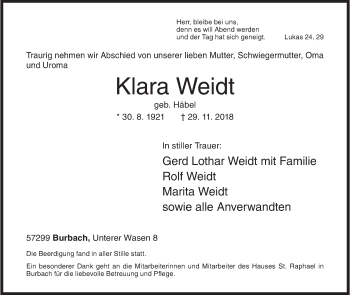 Traueranzeige von Klara Weidt von Siegener Zeitung