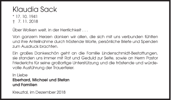 Traueranzeige von Klaudia Sack von Siegener Zeitung