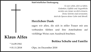 Traueranzeige von Klaus Alfes von Siegener Zeitung
