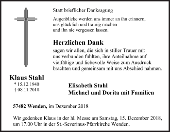 Traueranzeige von Klaus Stahl von Siegener Zeitung