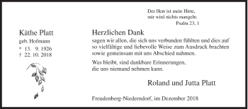 Traueranzeige von Käthe Platt von Siegener Zeitung