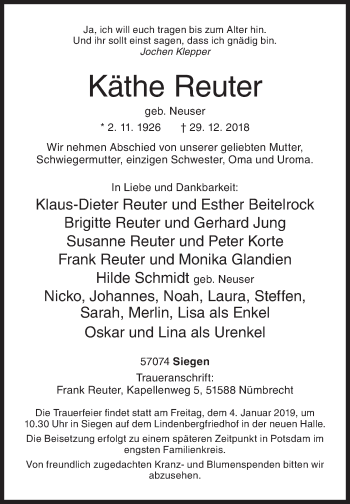 Traueranzeige von Käthe Reuter von Siegener Zeitung