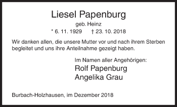 Traueranzeige von Liesel Papenburg von Siegener Zeitung