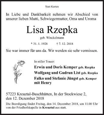Traueranzeige von Lisa Rzepka von Siegener Zeitung