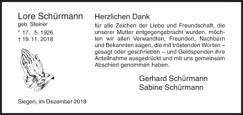 Traueranzeige von Lore Schürmann von Siegener Zeitung