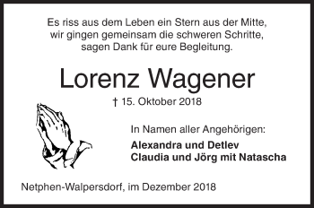 Traueranzeige von Lorenz Wagener von Siegener Zeitung