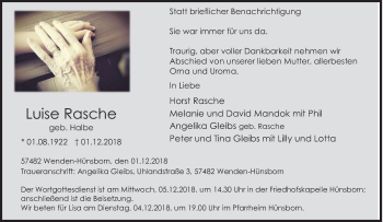 Traueranzeige von Luise Rasche von Siegener Zeitung