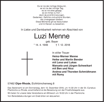Traueranzeige von Luzi Menne von Siegener Zeitung