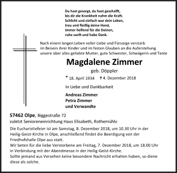 Traueranzeige von Magdalene Zimmer von Siegener Zeitung