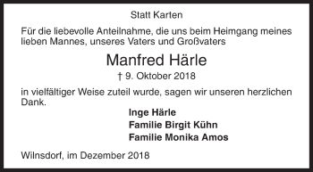 Traueranzeige von Manfred Härle von Siegener Zeitung