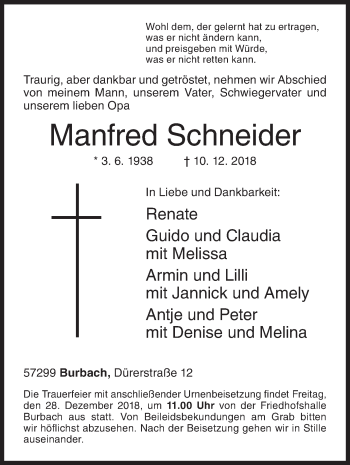 Traueranzeige von Manfred Schneider von Siegener Zeitung