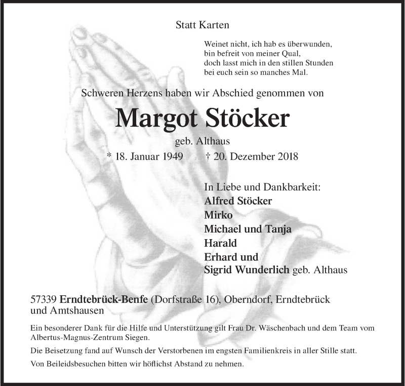  Traueranzeige für Margot Stöcker vom 29.12.2018 aus Siegener Zeitung