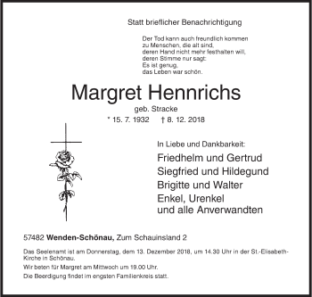 Traueranzeige von Margret Hennrichs von Siegener Zeitung