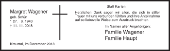 Traueranzeige von Margret Wagener von Siegener Zeitung