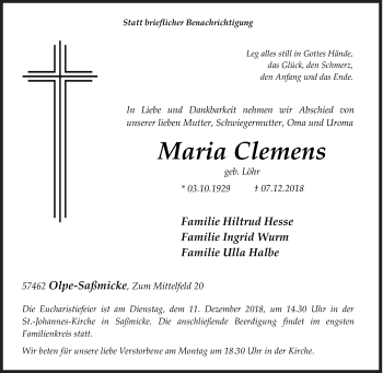 Traueranzeige von Maria Clemens von Siegener Zeitung