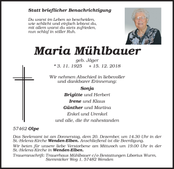Traueranzeige von Maria Mühlbauer von Siegener Zeitung