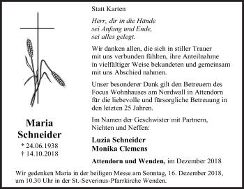 Traueranzeige von Maria Schneider von Siegener Zeitung