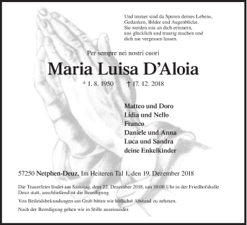 Traueranzeige von Maria Luisa D´Aloia von Siegener Zeitung