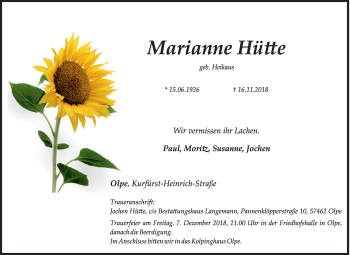 Traueranzeige von Marianne Hütte von Siegener Zeitung