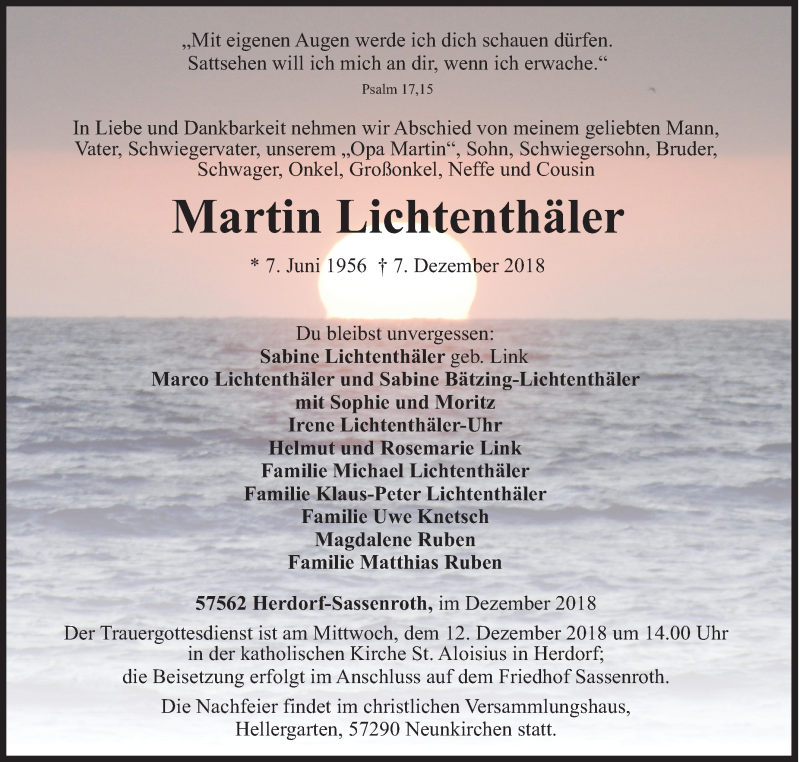  Traueranzeige für Martin Lichtenthäler vom 10.12.2018 aus Siegener Zeitung