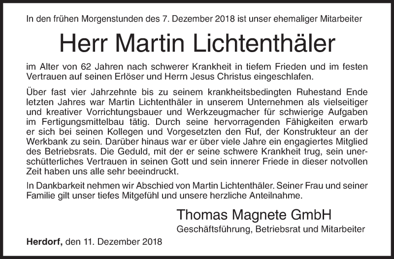  Traueranzeige für Martin Lichtenthäler vom 11.12.2018 aus Siegener Zeitung