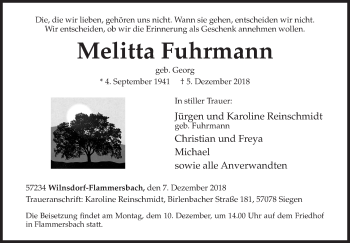 Traueranzeige von Melitta Fuhrmann von Siegener Zeitung