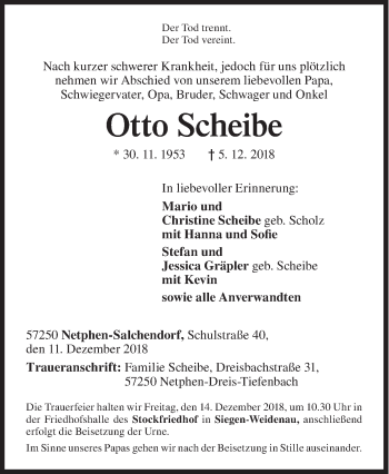 Traueranzeige von Otto Scheibe von Siegener Zeitung