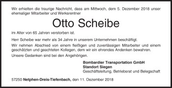 Traueranzeige von Otto Scheibe von Siegener Zeitung