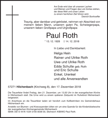 Traueranzeige von Paul Roth von Siegener Zeitung