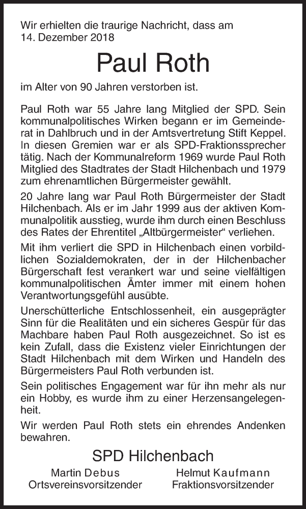  Traueranzeige für Paul Roth vom 18.12.2018 aus Siegener Zeitung