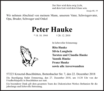 Traueranzeige von Peter Hauke von Siegener Zeitung