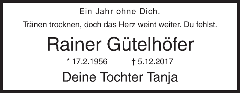  Traueranzeige für Rainer Gütelhöfer vom 05.12.2018 aus Siegener Zeitung