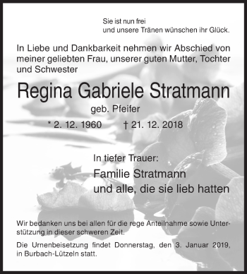 Traueranzeige von Regina Gabriele Stratmann von Siegener Zeitung