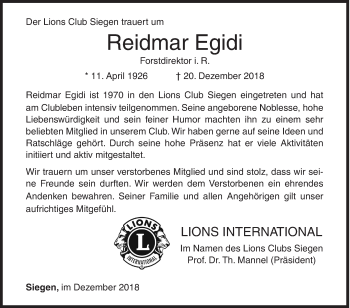 Traueranzeige von Reidmar Egidi von Siegener Zeitung