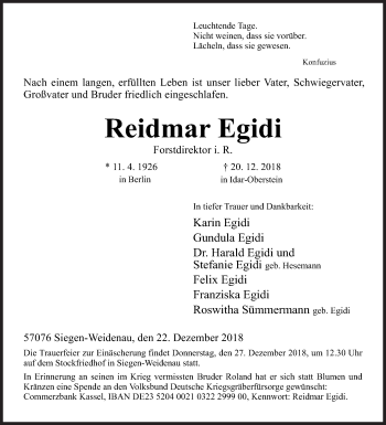 Traueranzeige von Reidmar Egidi von Siegener Zeitung