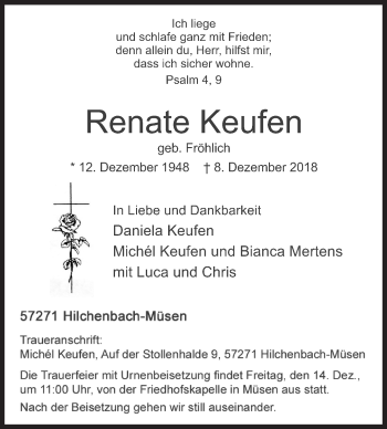Traueranzeige von Renate Keufen von Siegener Zeitung