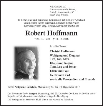 Traueranzeige von Robert Hoffmann von Siegener Zeitung