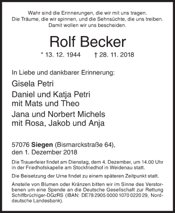 Traueranzeige von Rolf Becker von Siegener Zeitung