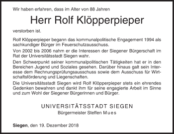 Traueranzeige von Rolf Klöpperpieper von Siegener Zeitung