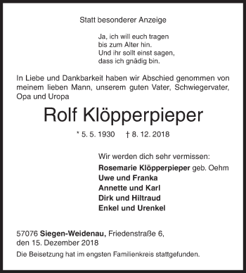 Traueranzeige von Rolf Klöpperpieper von Siegener Zeitung