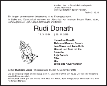 Traueranzeige von Rudi Donath von Siegener Zeitung