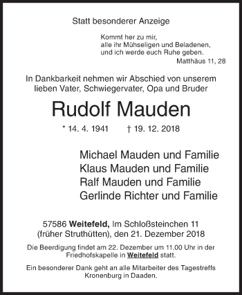 Traueranzeige von Rudolf Mauden von Siegener Zeitung
